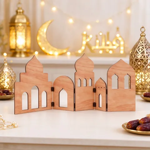 Creative Wooden Folding Screen Desktop Decoration Islamic Mosque Silhouette Ramadan Eid Mubarak Tabletop Ornament Gift