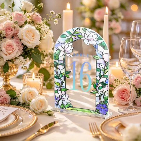 Elegant Acrylic Arch Table Numbers Stained Glass Style Floral Ivy Pattern Wedding Banquet Event Party Table Decor With Stand