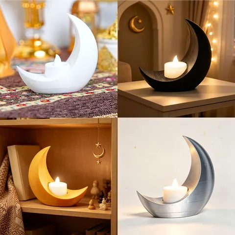 3D Printed Crescent Moon Candle Holder LED Lamp Desktop Ornament Plastic Ethnic Style Night Light For Home Party Decor