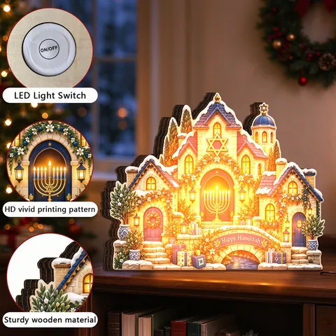 Hanukkah Wooden LED Light Up Ornament Menorah Star Of David 3D Town Buildings Desktop Festive Decorative Lamp Home Gift
