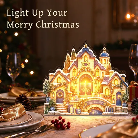 Hanukkah Wooden LED Light Up Ornament Menorah Star Of David 3D Town Buildings Desktop Festive Decorative Lamp Home Gift