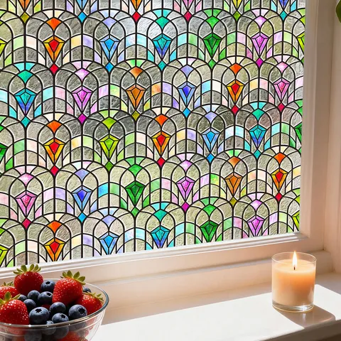 Pellicola Decorativa per Finestre Effetto Vetrata Aderenza Statica Protezione Privacy Motivo Floreale Geometrico Adesivo PVC Rimovibile