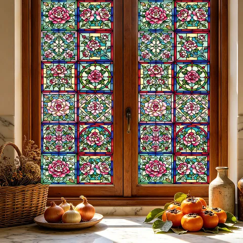 Vintage Colorful Stained Glass Window Film Static Cling Privacy Decorative PVC Window Sticker For Home Living Room Bathroom Kitchen