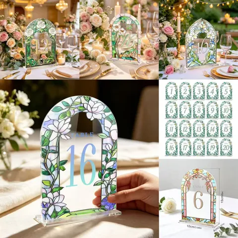 Elegant Acrylic Arch Table Numbers Stained Glass Style Floral Ivy Pattern Wedding Banquet Event Party Table Decor With Stand