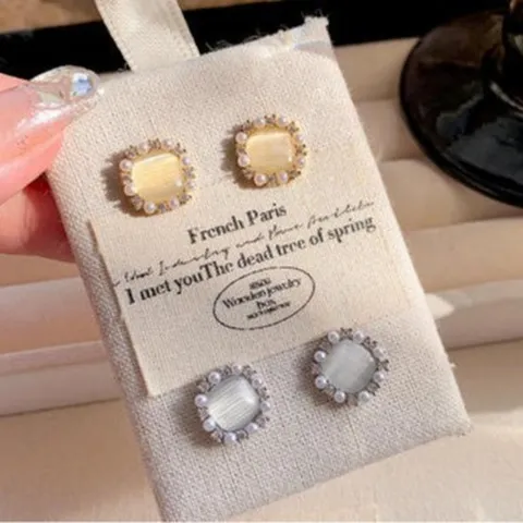 Damen Leichte Luxus Quadratische Katzenaugenstein Ohrstecker Mit Künstlicher Perle Und 925 Sterlingsilber Stift Kupferschmuck