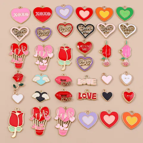 Pendentifs en Alliage de Zinc Émaillé en Forme de Cœur et Rose pour la Saint-Valentin pour la Fabrication de Bijoux DIY Bracelet Collier