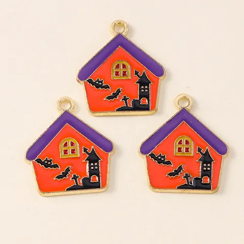 Pendentifs Maison en Émail Halloween Château et Chauve-souris en Alliage de Zinc pour la Fabrication de Bijoux DIY Collier Bracelet Porte-clés