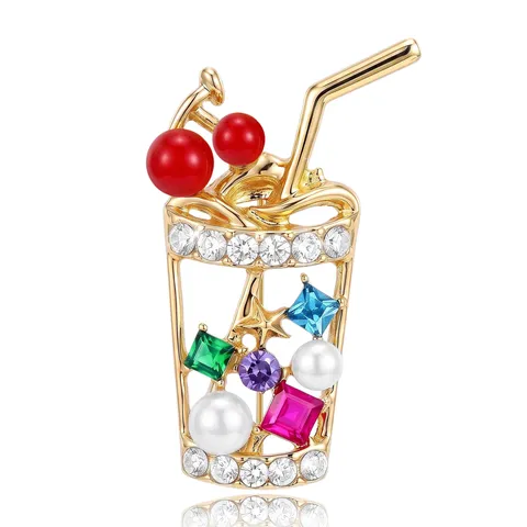Broche de Aleación con Forma de Copa de Cóctel Creativo de Moda para Mujer Joya con Diamantes de Imitación y Perla Artificial Alfiler de Solapa