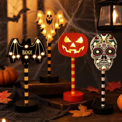 Halloween Houten LED Nachtlampje Creatief Geest Pompoen Schedel Vleermuis Vorm Desktop Decoratie Batterij Gevoed Sfeerlicht