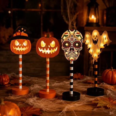 Halloween Houten LED Nachtlampje Creatief Geest Pompoen Schedel Vleermuis Vorm Desktop Decoratie Batterij Gevoed Sfeerlicht