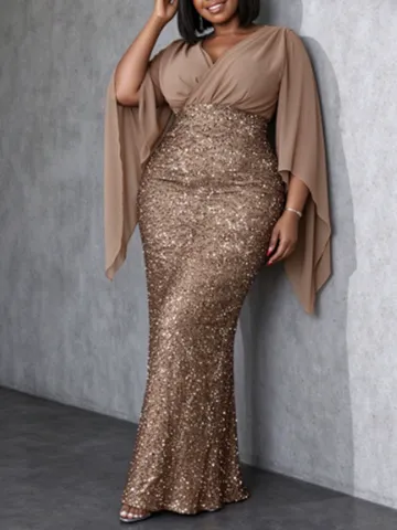 Women Elegant Deep V Neck Sequin Chiffon Patchwork Evening Gown Cape Sleeve High Waist Maxi Dress Banquet Party Formal Dress