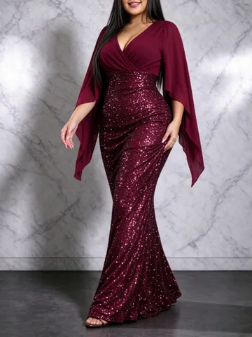 Women Elegant Deep V Neck Sequin Chiffon Patchwork Evening Gown Cape Sleeve High Waist Maxi Dress Banquet Party Formal Dress