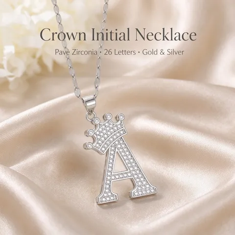 Collana con Pendente a Corona a Lettera Iniziale in Rame Zirconia Hip Hop Catena Placcata Oro Argento per Uomo Donna