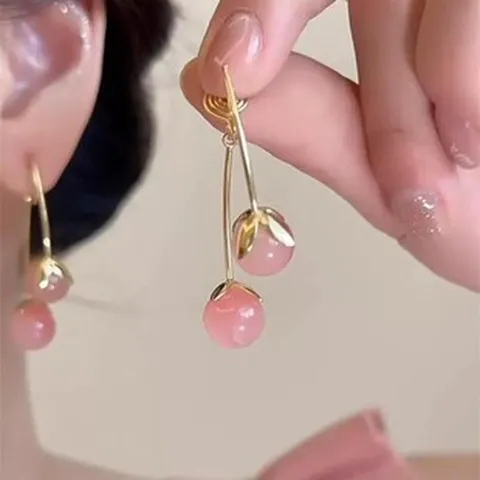 Rosa Kirsche Hängeohrringe Süßer Fruchtstil Kupfer Mit 925 Sterlingsilber Ohrstecker-Stift Für Damen Täglich Schmuck Geschenk