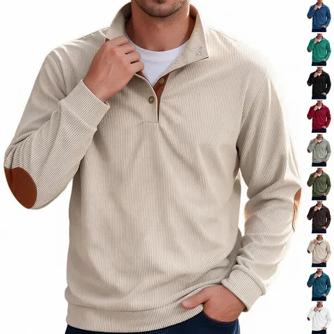 Men Corduroy Sweatshirt Stand Collar Long Sleeve Pullover With Contrast Elbow Patches Casual Urban Fashion Knit Top