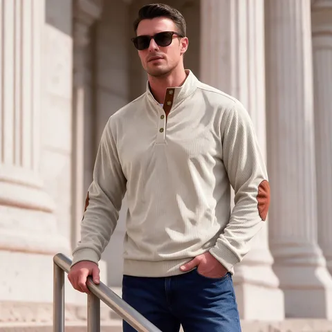 Men Long Sleeve Corduroy Sweatshirt With Button Henley Collar And Contrast Elbow Patches Retro Casual Pullover Top