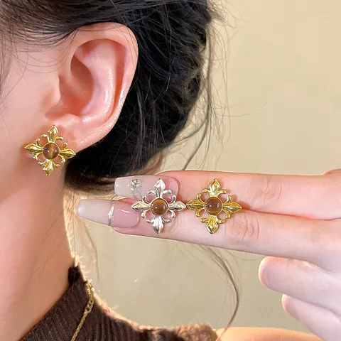 Orientalisch Vintage Hohlblumen Ohrstecker Mit 925 Sterling Silber Ohrstecker-Stift Legierung Tigerauge-Stein Damen Schmuck