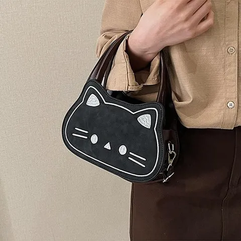 Leuke Kat Vorm Dames Handtas Retro Veelzijdige Crossbodytas Prachtige Geborduurde PU-Lederen Kleine Tote Tas Met Verstelbare Riem