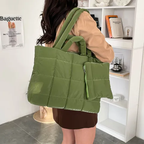 Borsa Tote Trapuntata in Tela da Donna a Grande Capacità Con Sotto-borsa Urban Semplice Borsa a Tracolla Imbottita Casual Pendolare