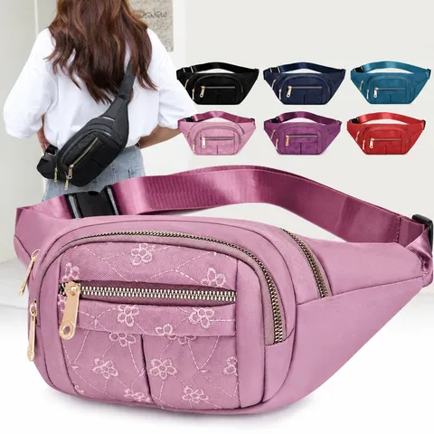 Riñonera Deportiva de Moda para Mujer Nailon Multicapa Bolsa de Pecho Casual Bordado Floral Bolso Bandolera