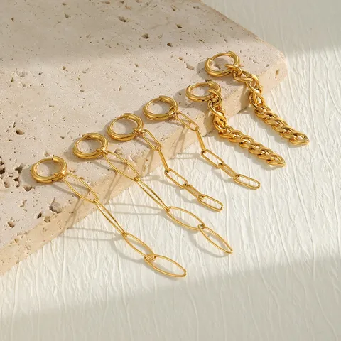 Boucles d'Oreilles Longues à Chaîne en Acier Inoxydable pour Femmes Plaquées Or 18K Géométriques Drop Huggie Hoop Bijoux