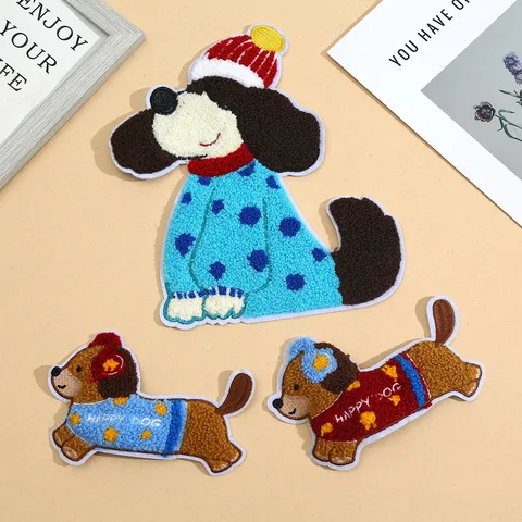 Cute Dachshund Dog Chenille Embroidery Patch Cartoon Animal Towel Embroidered Applique For Clothing Repair Jacket DIY Decoration