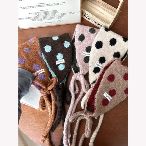 Paraorecchie in Maglia a Pois da Donna Sciarpa Invernale Calda Antivento Fascia per Capelli Scaldaorecchie con Lacci Stile Coreano Scaldacollo in Maglia