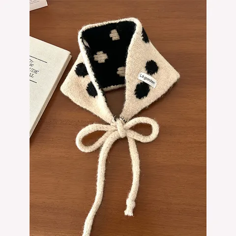 Paraorecchie in Maglia a Pois da Donna Sciarpa Invernale Calda Antivento Fascia per Capelli Scaldaorecchie con Lacci Stile Coreano Scaldacollo in Maglia