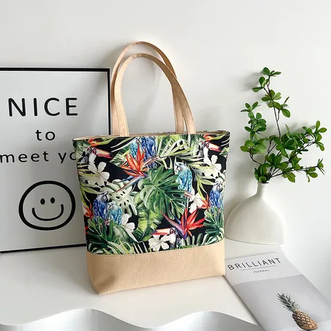 Große Kapazität Segeltuch Einkaufstasche Für Damen Tropische Pflanzen Blumenmuster Lässige Sommer Strand Schultertasche Reisetasche Mit Reißverschluss