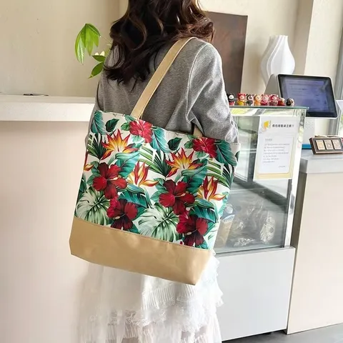Große Kapazität Segeltuch Einkaufstasche Für Damen Tropische Pflanzen Blumenmuster Lässige Sommer Strand Schultertasche Reisetasche Mit Reißverschluss