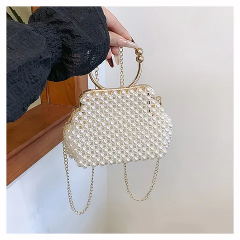 Handcrafted Pearl Beaded Handbag French Style Elegant Evening Bag for Women Fashionable Shoulder Phone Bag with Metal Handle