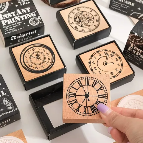 Vintage Holzstempel Set Buchenholz Gummi Retro Uhr Muster Dekoratives Siegel Für DIY Scrapbooking Handkonto Handwerk Schreibwaren