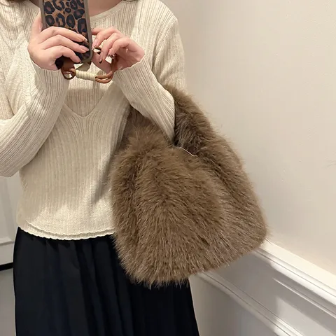 Vintage Herbst Winter Plüsch Handtasche Für Damen Weiche Kunstpelz Eimertasche Retro Urbane Einfachheit Tägliche Schultertasche
