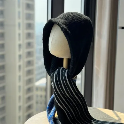 Fashion Knitted Balaclava Hat For Women Winter Warm Hooded Scarf Integrated Color Block Striped Windproof Neck Protector Head Cover