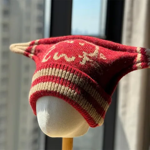 Cute Cartoon Cat Ears Pointed Knitted Beanie Hat Winter Warm Ear Protection Striped Jacquard Pullover Cold Cap For Women