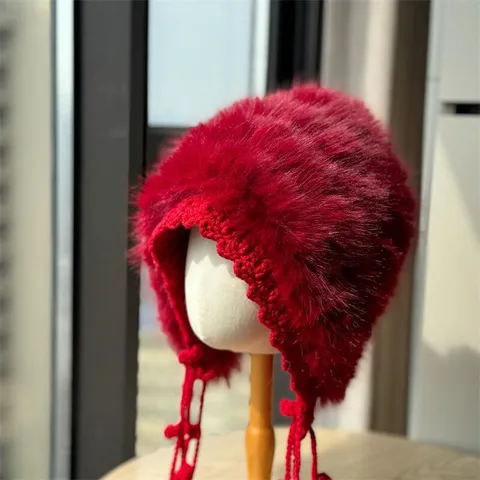 Dames Nepbont Pluche Gebreide Muts Winter Warm Oorbescherming Kantrand Strikje Trapper Muts Mode Effen Kleur Russische Oesjanka Stijl Muts
