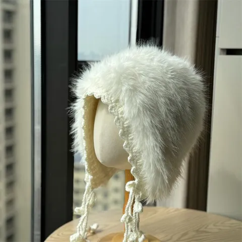 Dames Nepbont Pluche Gebreide Muts Winter Warm Oorbescherming Kantrand Strikje Trapper Muts Mode Effen Kleur Russische Oesjanka Stijl Muts