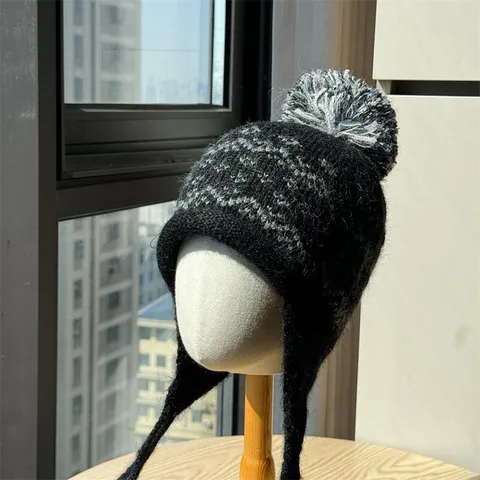 Damen Strickmütze Winter Bommelmütze Mit Ohrenklappen Jacquard Schneeflocken Muster Warme Beanie Für Kaltes Wetter Kopfbedeckung
