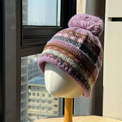 Damen Fair Isle Strickmütze Mit Bommel Ohrenklappen Winter Warme Beanie Mütze Gestreifte Jacquard Trapper Mütze Für Outdoor Alltag