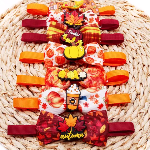 Thanksgiving Autumn Pet Bow Tie Adjustable Pumpkin Maple Leaf Pattern For Small Dogs And Cats Grooming Accessories Holiday Party Neckwear