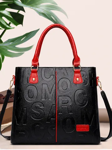 Women Large Capacity Embossed Letters PU Leather Tote Bag Fashion Contrast Color Shoulder Crossbody Handbag With Removable Strap