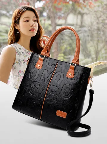 Women Large Capacity Embossed Letters PU Leather Tote Bag Fashion Contrast Color Shoulder Crossbody Handbag With Removable Strap