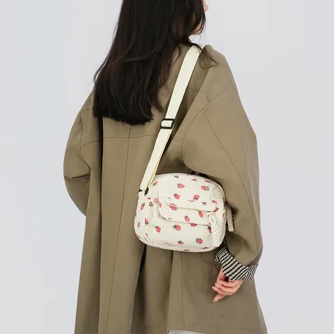Women Corduroy Strawberry Print Shoulder Bag Japanese Style Cute Small Square Crossbody Bag For Girls Daily Casual Tote Handbag