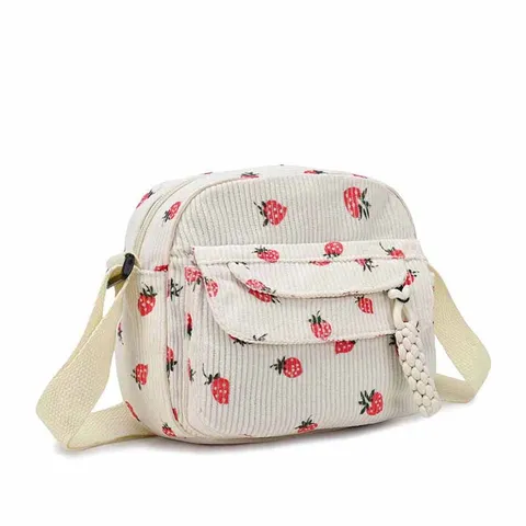 Women Corduroy Strawberry Print Shoulder Bag Japanese Style Cute Small Square Crossbody Bag For Girls Daily Casual Tote Handbag