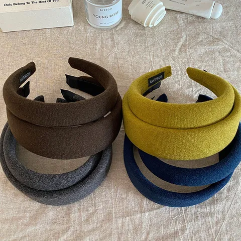 Serre-tête Rembourré en Velours Large pour Femme Automne Hiver Couleur Unie Épais Style Coréen Fait à la Main Éponge Douce