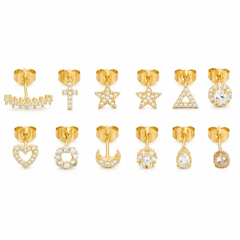 Mode Geometrische Zirkonia Ohrstecker Für Damen Stern Mond Herz Kreuz Form Gold Silber Beschichtetes Kupfer Kleine Ohrringe Schmuck Geschenk