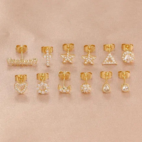 Mode Geometrische Zirkonia Ohrstecker Für Damen Stern Mond Herz Kreuz Form Gold Silber Beschichtetes Kupfer Kleine Ohrringe Schmuck Geschenk