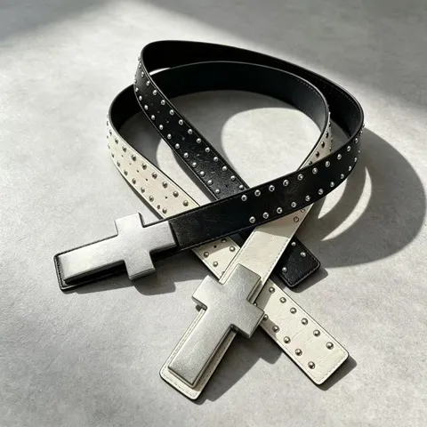 Ceinture à Rivets en Croix Gothique Unisexe Mode Punk Vintage Similicuir PU Boucle en Alliage Accessoires Streetwear
