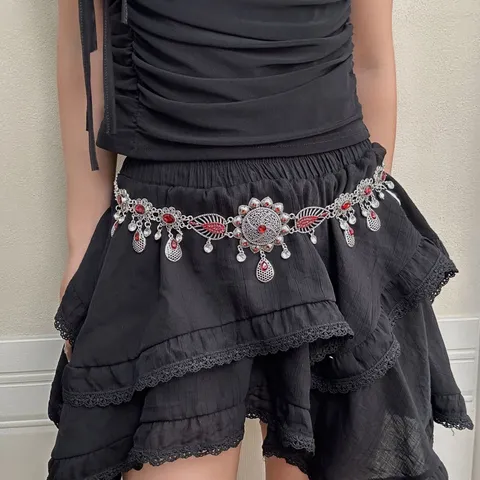 Chaîne de Taille Bohème en Alliage Strass Fleur Style Ethnique Ceinture de Corps Ajourée Rétro pour Femmes Accessoire de Danse du Ventre