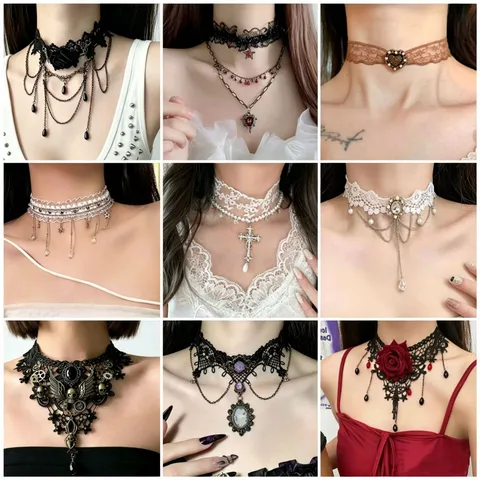 Collier Ras-de-cou en Dentelle Gothique pour Femmes Pendentif Croix Cœur Vintage Alliage Strass Perle Artificielle Bijoux Accessoires